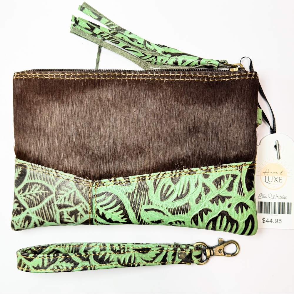 Hair On Hide Cowhide Leather Wristlet Clutch Mint Green Tooled Leather Western - Picture 5 of 5